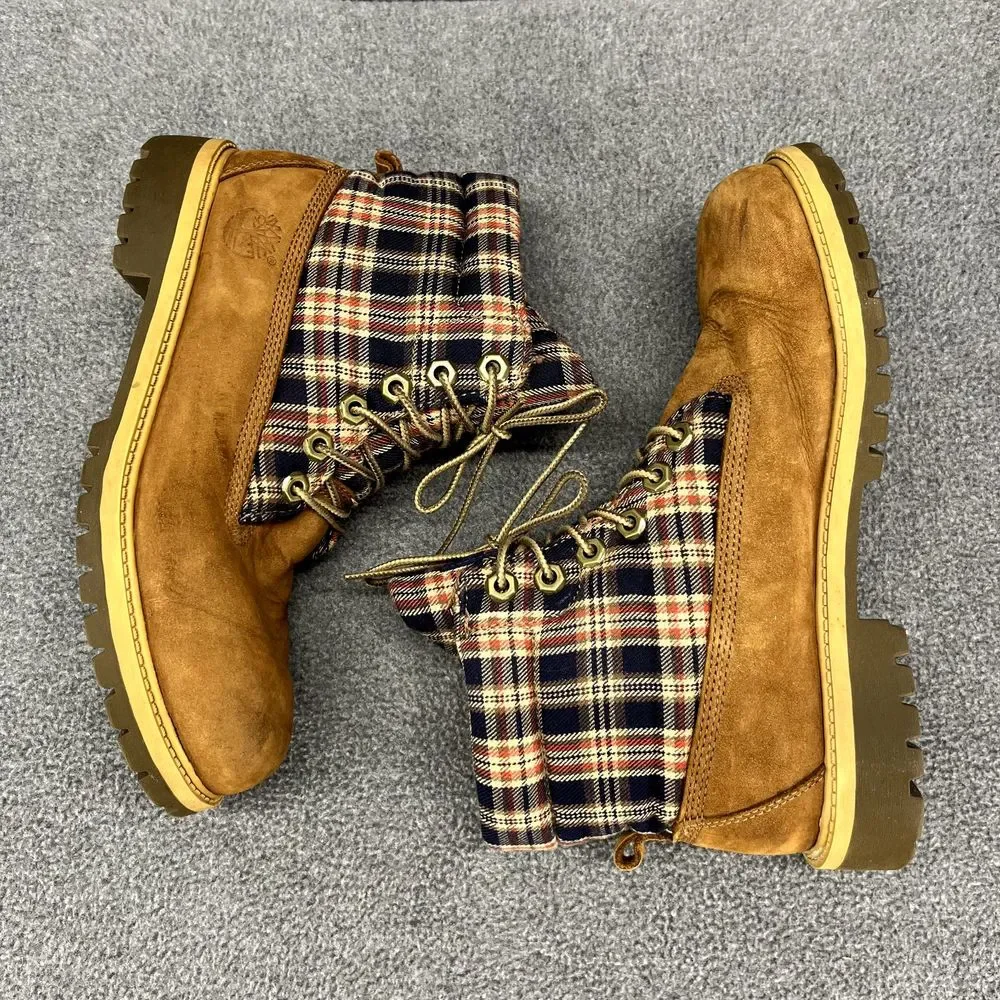 Timberland Boots Boys 6 Brown Plaid Leather Shoes Hiking‎ Outdoors Youth 43942M
